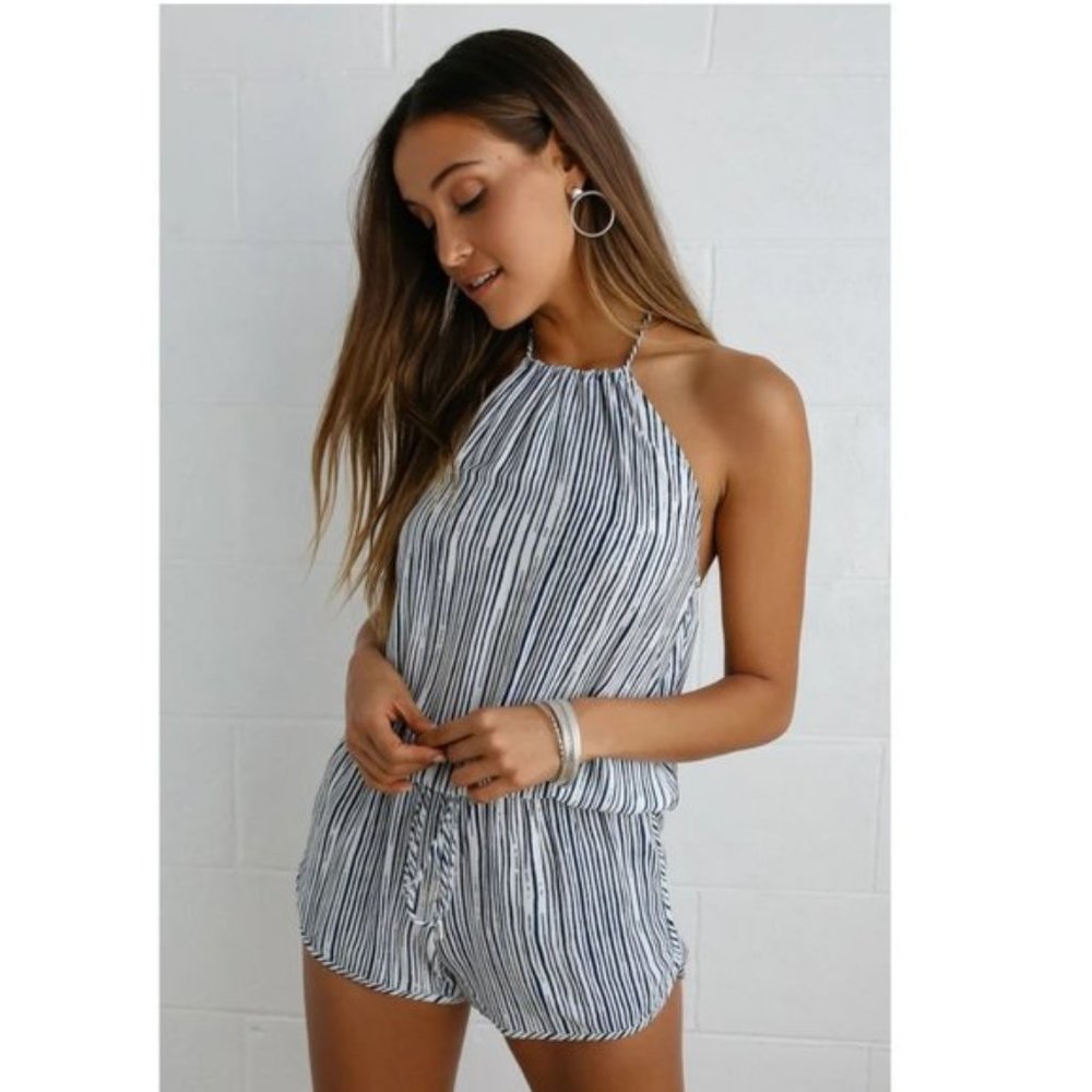 NEW! Lulu's Navy Blue Striped Halter Romper - XS